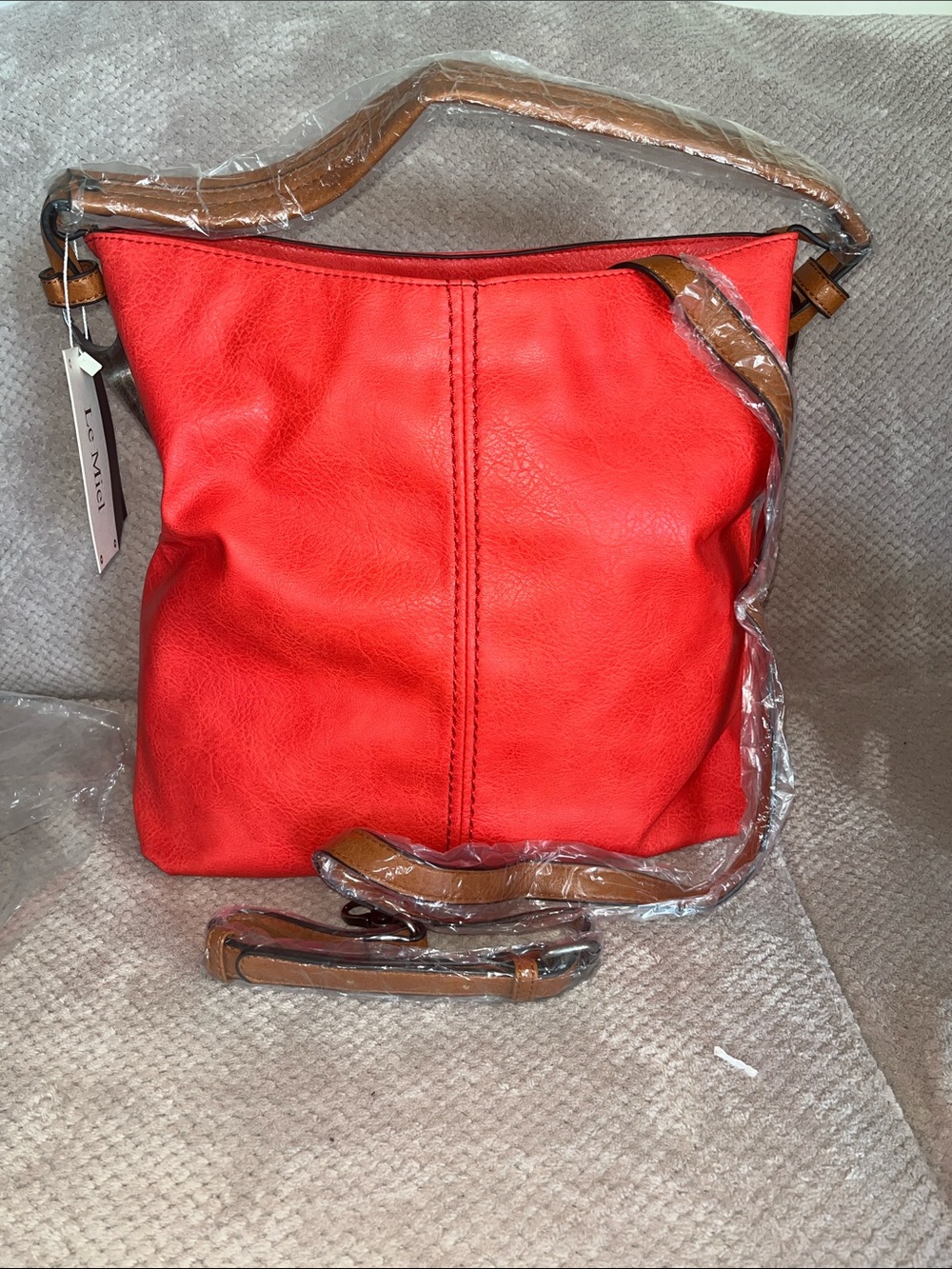 Le Miel Red Leather-Style Hobo Bag with Tan Trim